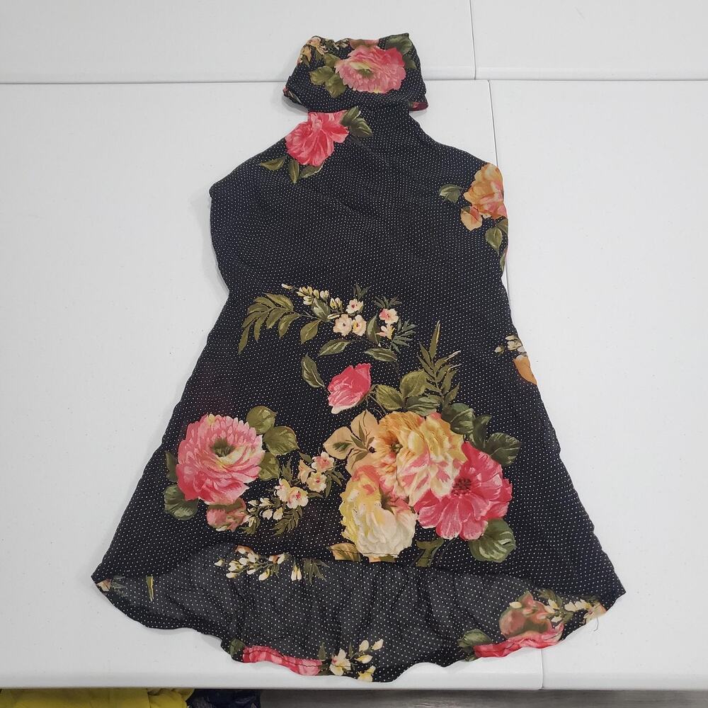 90s Vtg Halter Top Med Black Floral Polka Dot Ruffle Hem Date Night Whimsigoth